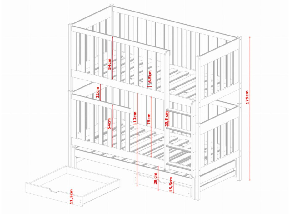 Detská poschodová posteľ z masívu borovice EMIL s prístelkou a šuplíky - 200x90 cm - prírodná