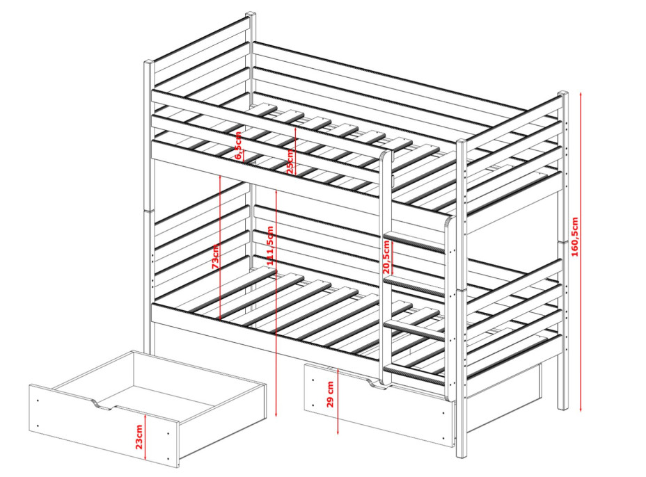 Detská poschodová posteľ z masívu borovice NINA so zásuvkami 200x90 cm - biela
