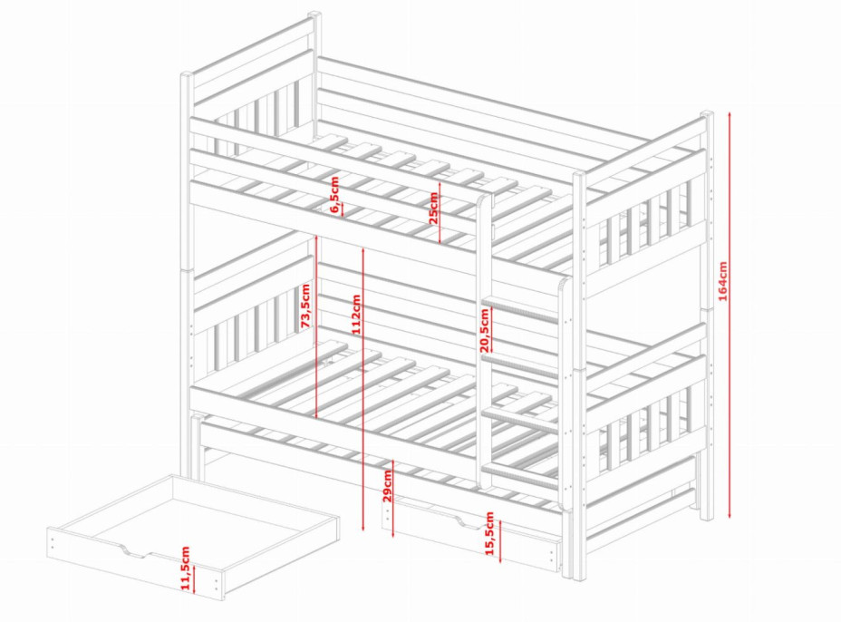 Detská poschodová posteľ z masívu borovice SEVERUS s prístelkou a šuplíky - 200x90 cm - biela