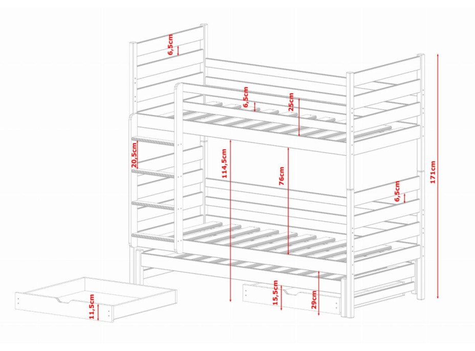 Detská poschodová posteľ z masívu borovice TEODOR s prístelkou a šuplíky - 200x90 cm - biela