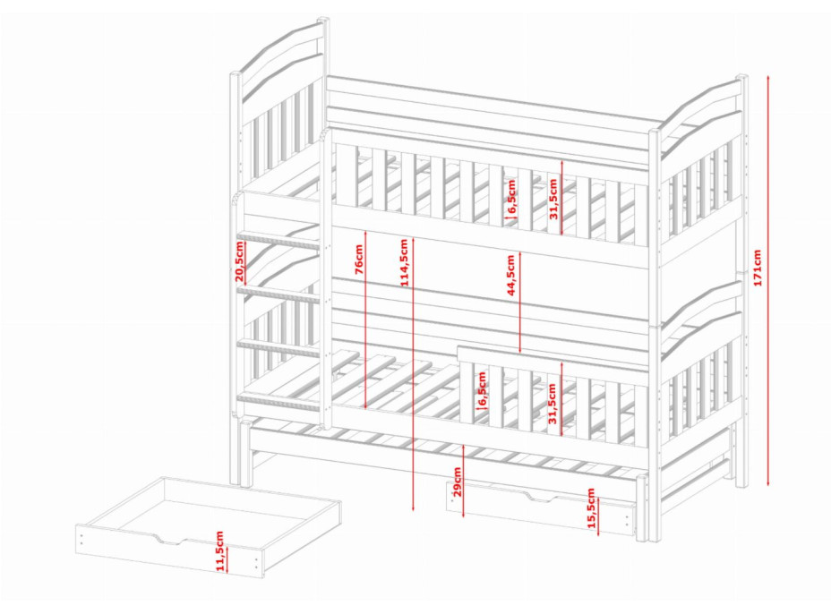Detská poschodová posteľ z masívu borovice VIKTOR s prístelkou a šuplíky - 200x90 cm - prírodná