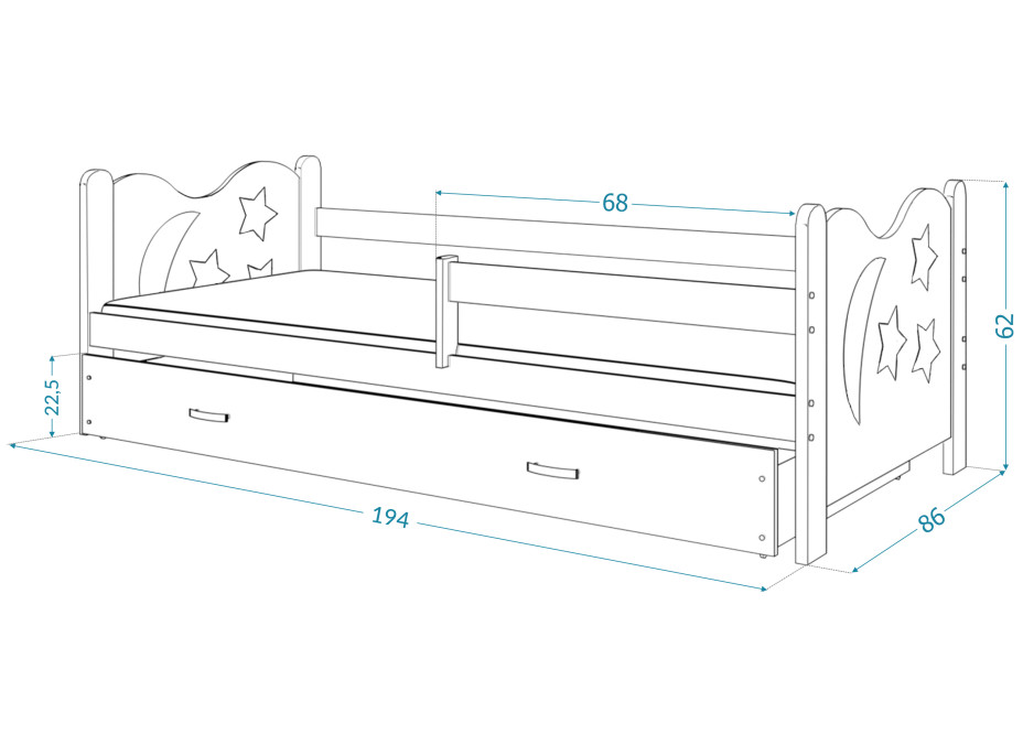 Detská posteľ so zásuvkou Mikoláš - 190x80 cm - biela / borovica - mesiac a hviezdičky