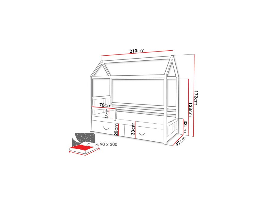 Detská domčeková posteľ z masívu borovice ROZALIE II so zásuvkami - 200x90 cm - biela