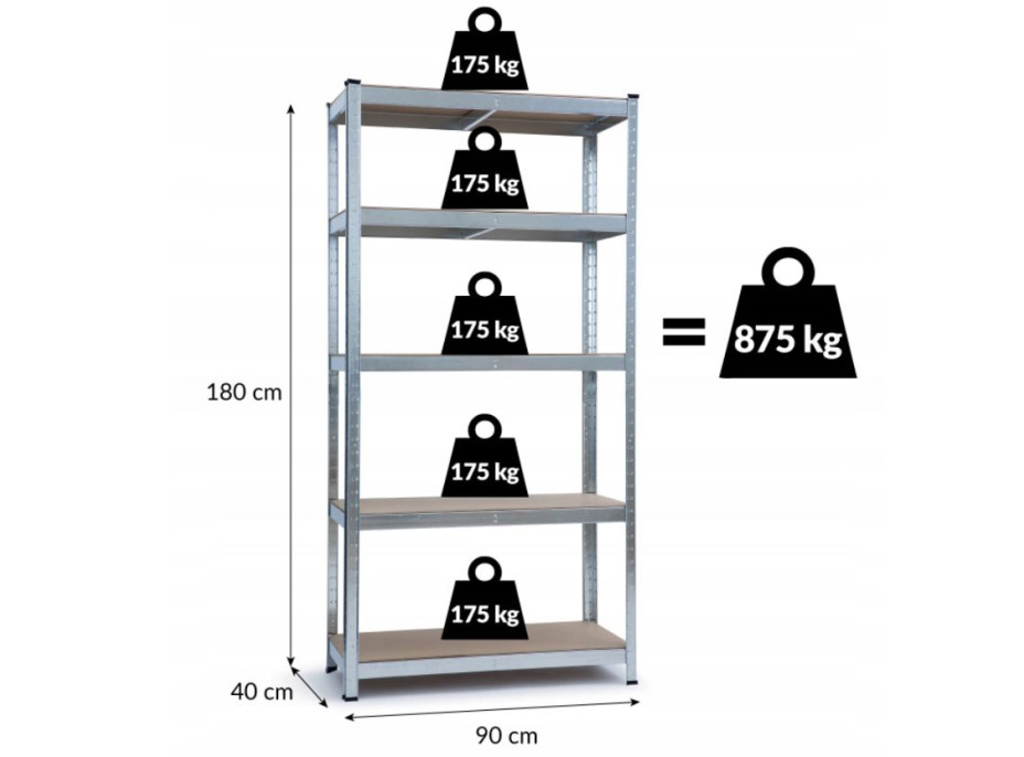 Úložný regál METAL - kovový - 90x40x180 cm - nosnosť 875 kg - ČIERNY