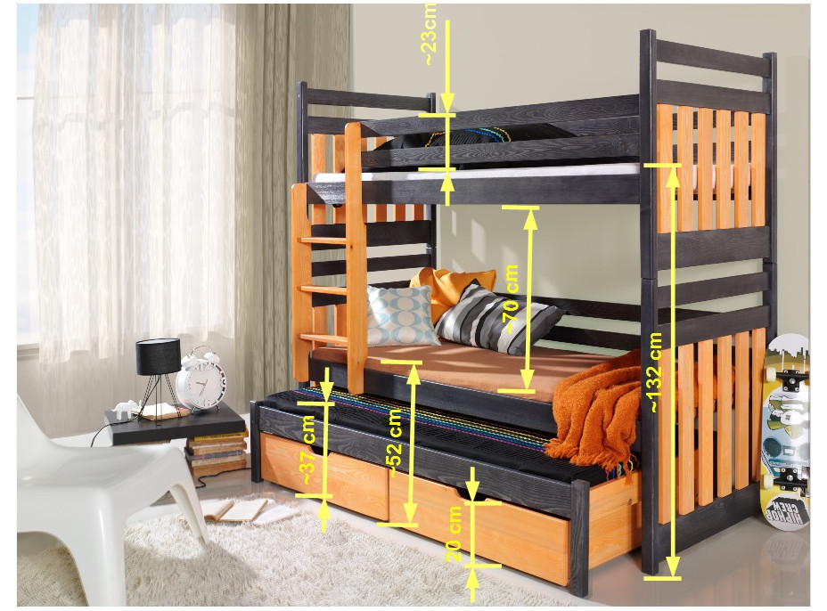 Detská poschodová posteľ z masívu borovice SAMBOR s prístelkou a zásuvkami - 200x90 cm - biela/sivá