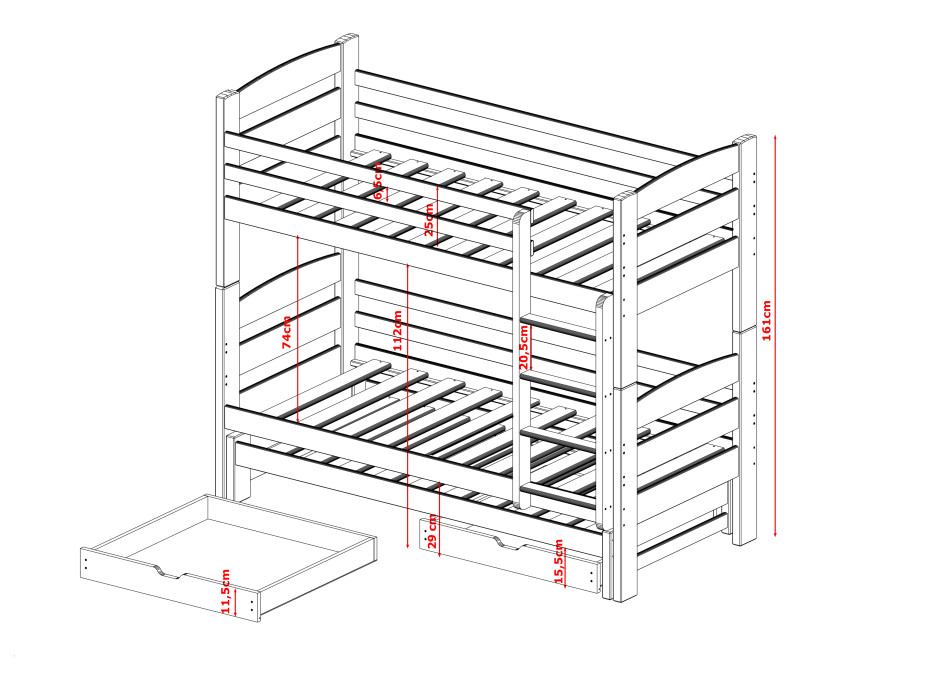 Detská poschodová posteľ z masívu borovice s prístelkou a šuplíky CYRIL - 200x90 cm - BIELA