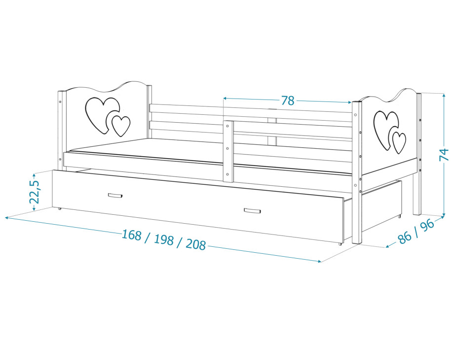 Detská posteľ so zásuvkou MAX S - 200x90 cm - bielo-sivá - srdiečka