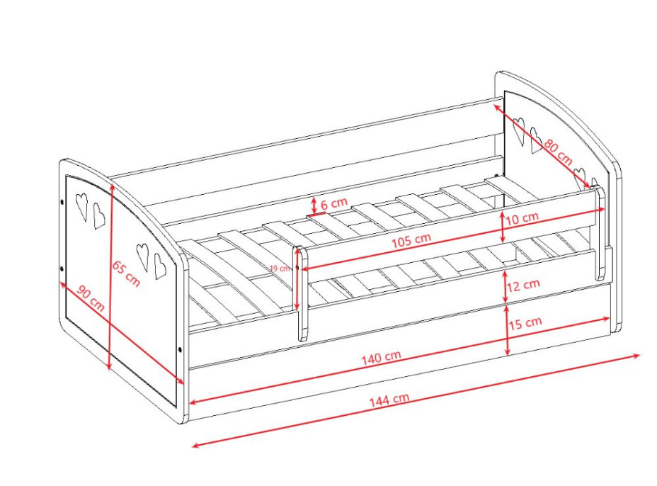 Detská srdiečková posteľ JULIE sa zásuvkou - biela 140x80 cm