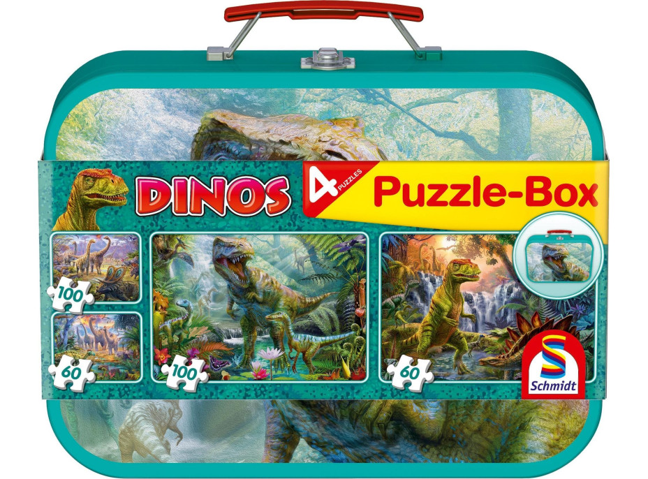 SCHMIDT Puzzle Dinosaury 4v1 v plechovom kufríku (60,60,100,100 dielikov)