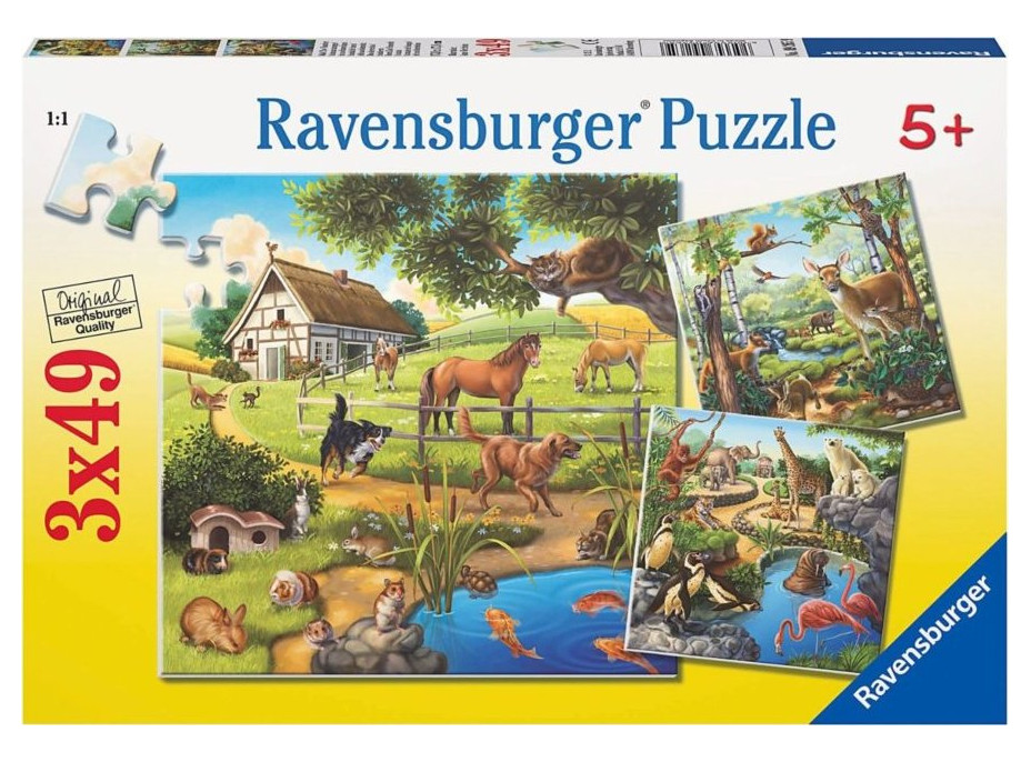 RAVENSBURGER Puzzle Zvieratá v lese, ZOO a na statku 3x49 dielikov