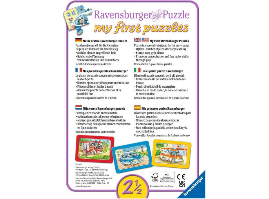 RAVENSBURGER Moje prvé puzzle Zásahové vozidlá so zvieratkami za volantom 3x6 dielikov