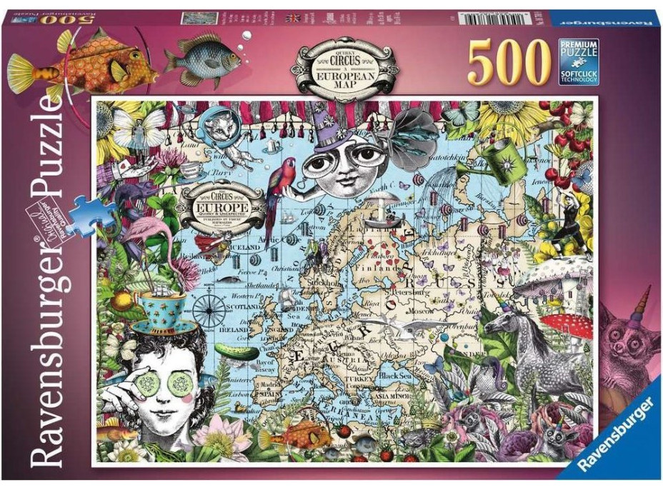 RAVENSBURGER Puzzle Quirky Circus: Mapa Európy 500 dielikov