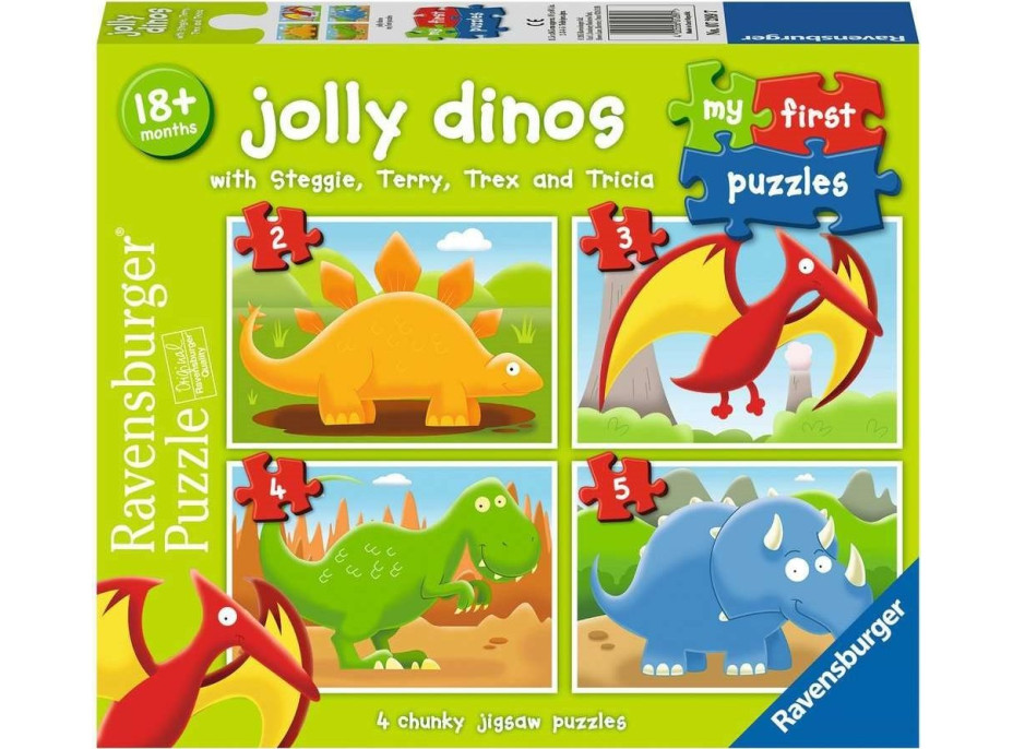 RAVENSBURGER Moje prvé puzzle Veselí Dinosaury 4v1 (2,3,4,5 dielikov)