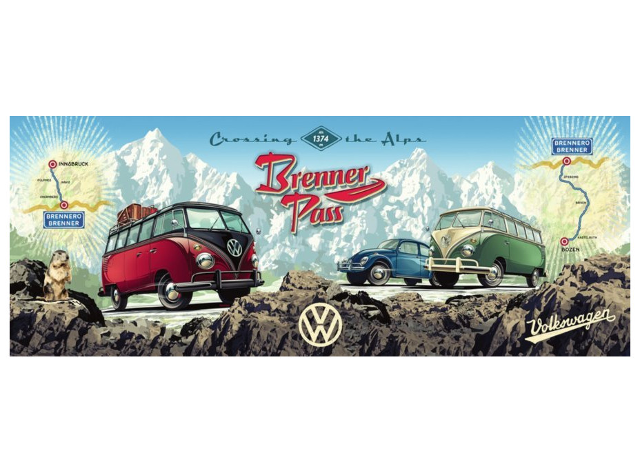 RAVENSBURGER Panoramatické puzzle Cez Alpy s VW 1000 dielikov