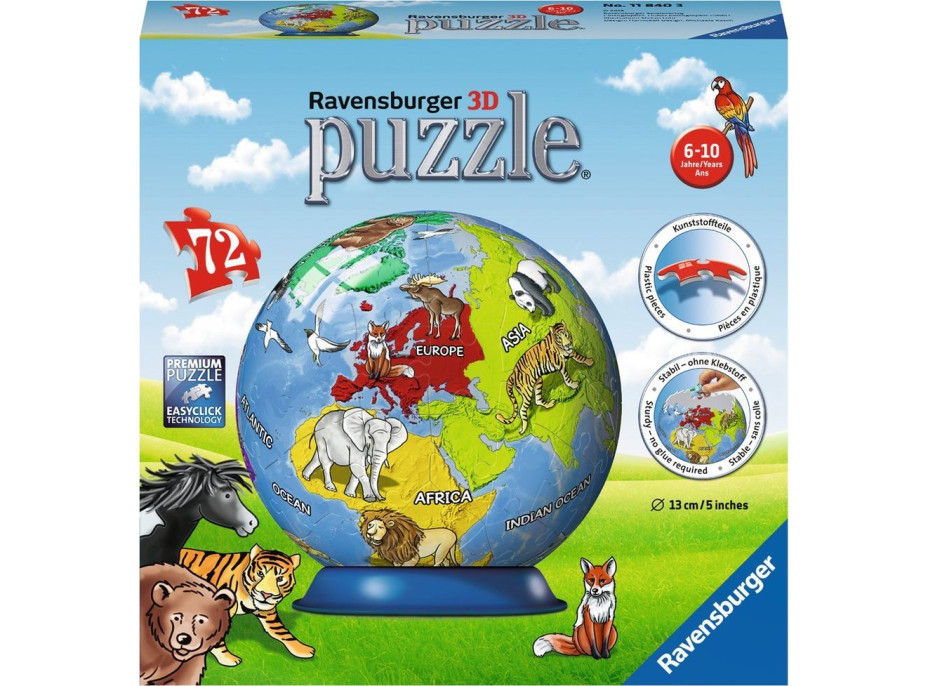 RAVENSBURGER Puzzleball Detský glóbus so zvieratami (anglický) 72 dielikov