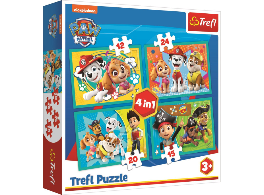 TREFL Puzzle Tlapková patrola: Šťastný tím 4v1 (12,15,20,24 dielikov)