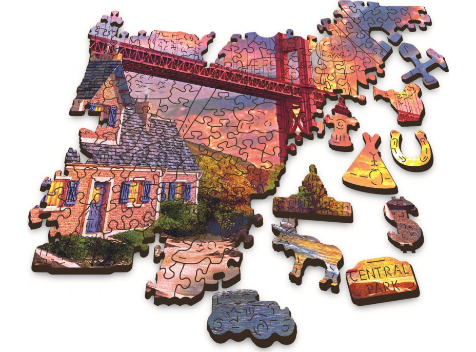 Trefl Wood Craft Origin puzzle Západ slnka nad Golden Gate 1000 dielikov