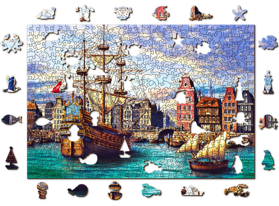 WOODEN CITY Drevené puzzle Staré lode v prístave 2v1, 505 dielikov EKO