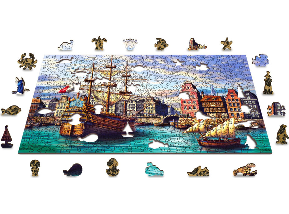 WOODEN CITY Drevené puzzle Staré lode v prístave 2v1, 505 dielikov EKO