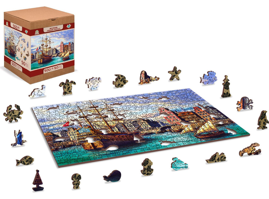 WOODEN CITY Drevené puzzle Staré lode v prístave 2v1, 505 dielikov EKO