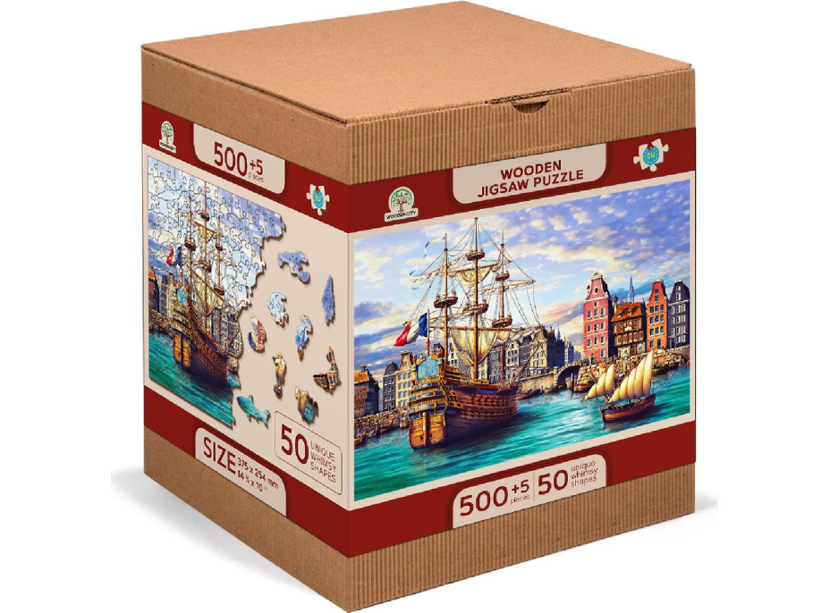 WOODEN CITY Drevené puzzle Staré lode v prístave 2v1, 505 dielikov EKO