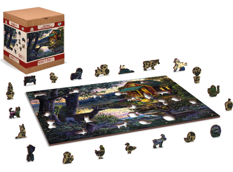 WOODEN CITY Drevené puzzle Večer v dome pri jazere 2v1, 505 dielikov EKO