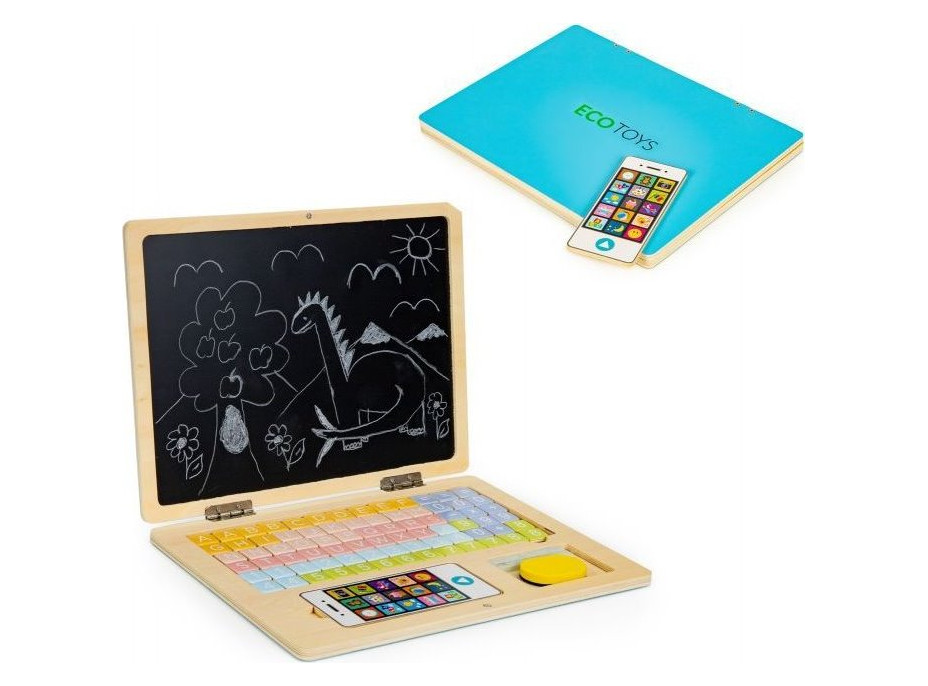 ECOTOYS Drevený notebook s magnetickým monitorom - modrý