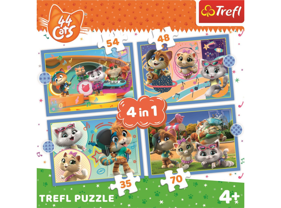 TREFL Puzzle 44 mačiek: Mačací tím 4v1 (35,48,54,70 dielikov)