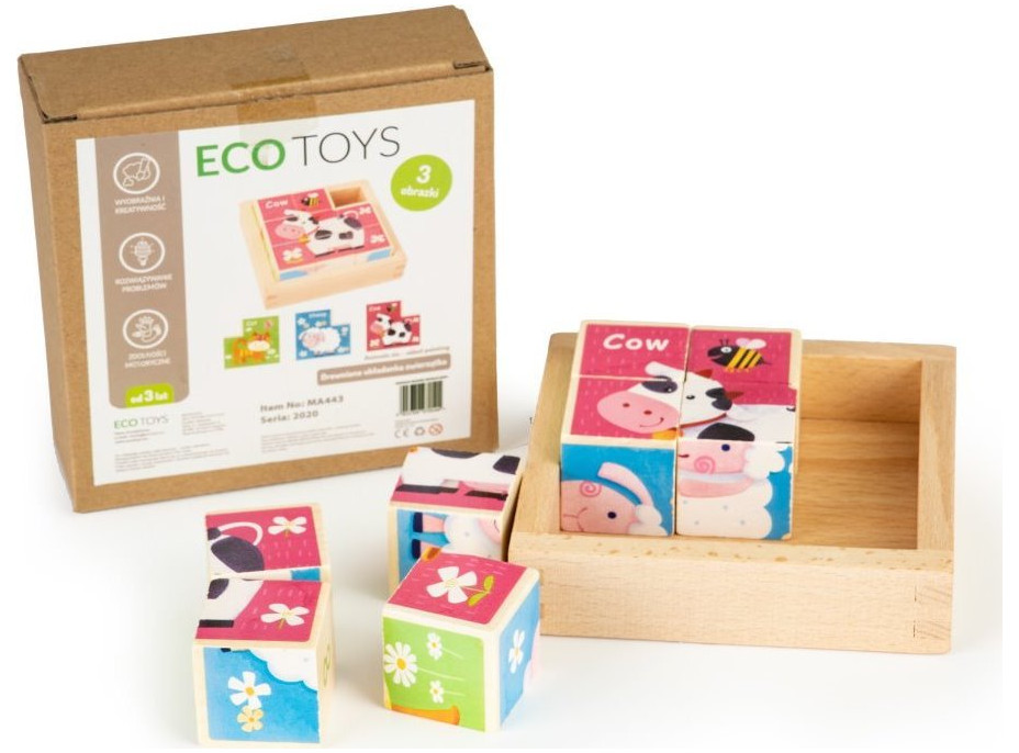 ECOTOYS Drevené kocky Zvieratká, 8 kociek