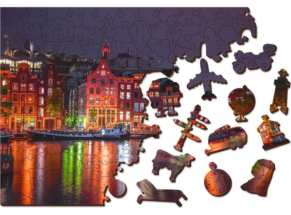 WOODEN CITY Drevené puzzle Nočný Amsterdam 2v1, 150 dielikov EKO