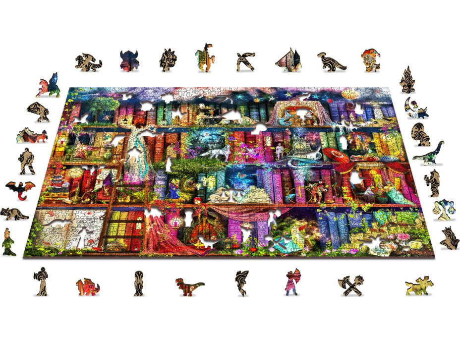 WOODEN CITY Drevené puzzle Police s knihami o hľadaní pokladu 2v1, 1010 dielikov EKO