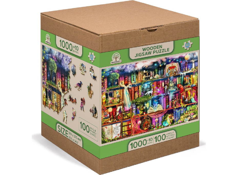 WOODEN CITY Drevené puzzle Police s knihami o hľadaní pokladu 2v1, 1010 dielikov EKO