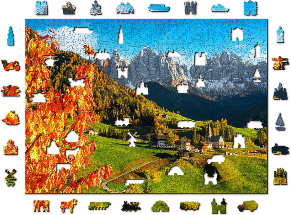 WOODEN CITY Drevené puzzle Santa Maddalena, Dolomity, Taliansko 2v1, 1010 dielikov EKO
