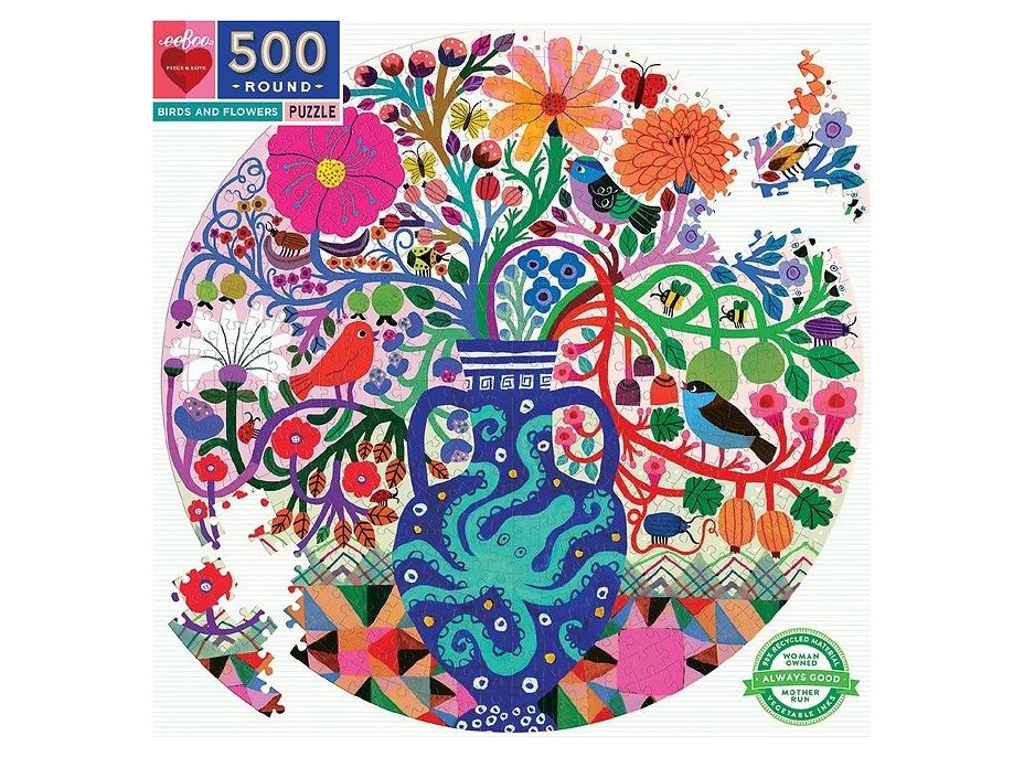 EEBOO Okrúhle puzzle Vtáčiky s kvetinami 500 dielikov