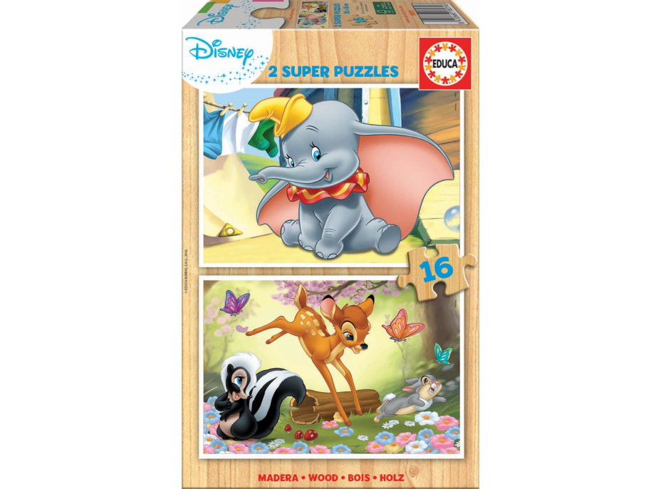 EDUCA Drevené puzzle Dumbo a Bambi 2x16 dielikov