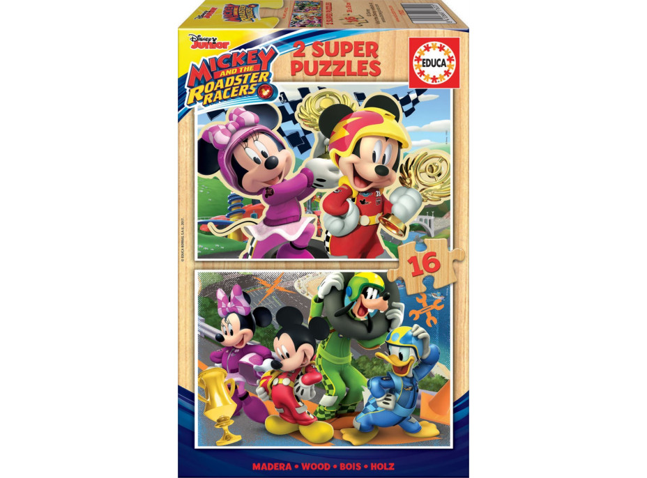 EDUCA Drevené puzzle Mickey, Minnie a pretekári 2x16 dielikov