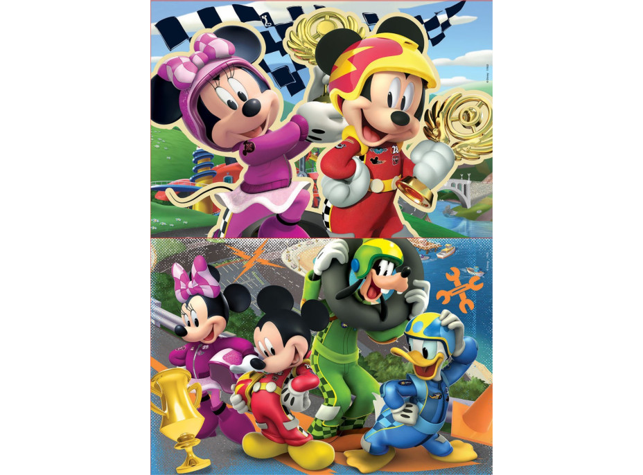 EDUCA Drevené puzzle Mickey, Minnie a pretekári 2x16 dielikov