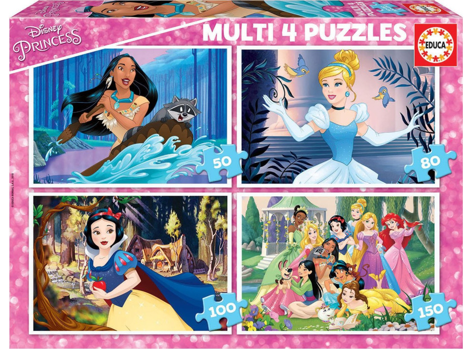 EDUCA Puzzle Disney princeznej 4v1 (50,80,100,150 dielikov)