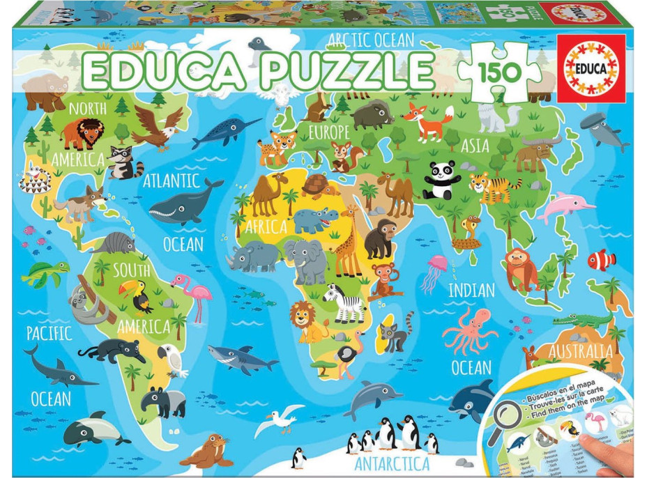 EDUCA Puzzle Mapa so zvieratami sveta 150 dielikov