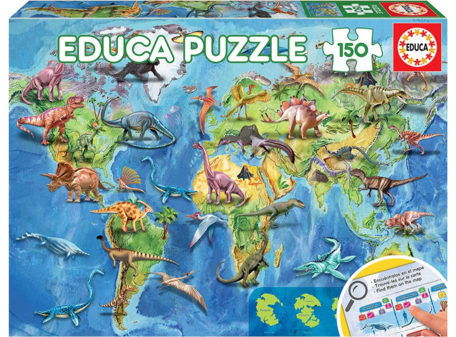 EDUCA Puzzle Mapa sveta s dinosaurami 150 dielikov