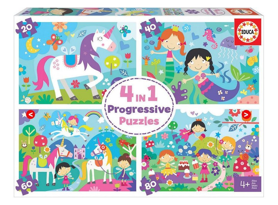 EDUCA Puzzle Kúzelní priatelia 4v1 (20,40,60,80 dielikov)