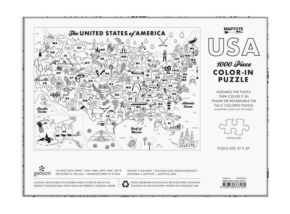 GALISON Vyfarbovacie puzzle Maptote: USA 1000 dielikov