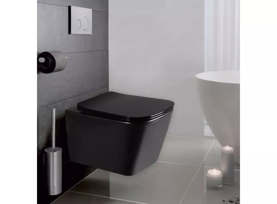 Závesné WC REA RAUL RIMLESS - čierne matné + Duroplast sedátko slim