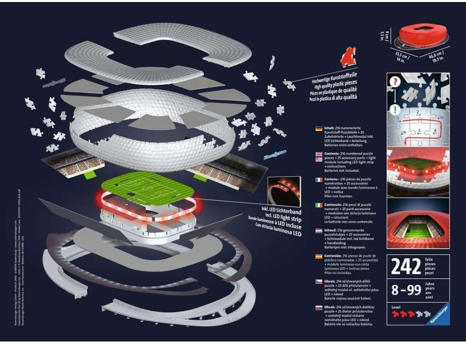 RAVENSBURGER Svietiace 3D puzzle Nočná edícia Allianz Arena, Mníchov 216 dielikov