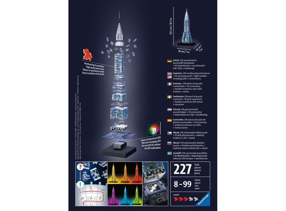 RAVENSBURGER Svietiace 3D puzzle Nočná edícia Chrysler Building 216 dielikov