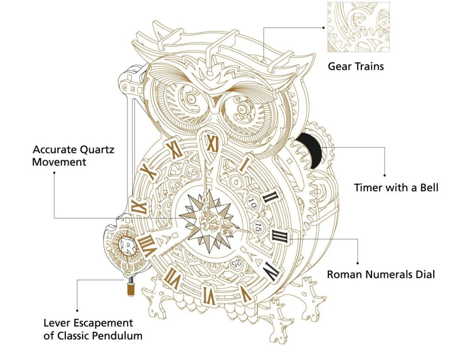 ROBOTIME Roker 3D drevené puzzle Mechanické hodiny Sova 161 dielikov