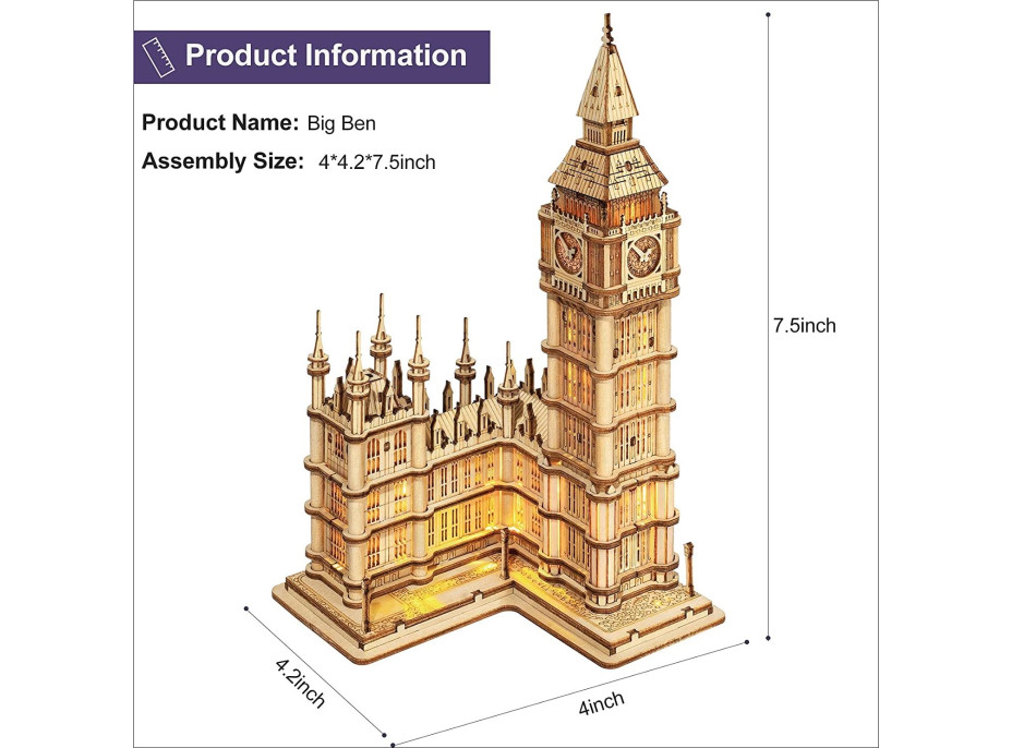 ROBOTIME Rolife Svietiace 3D drevené puzzle Big Ben 220 dielikov