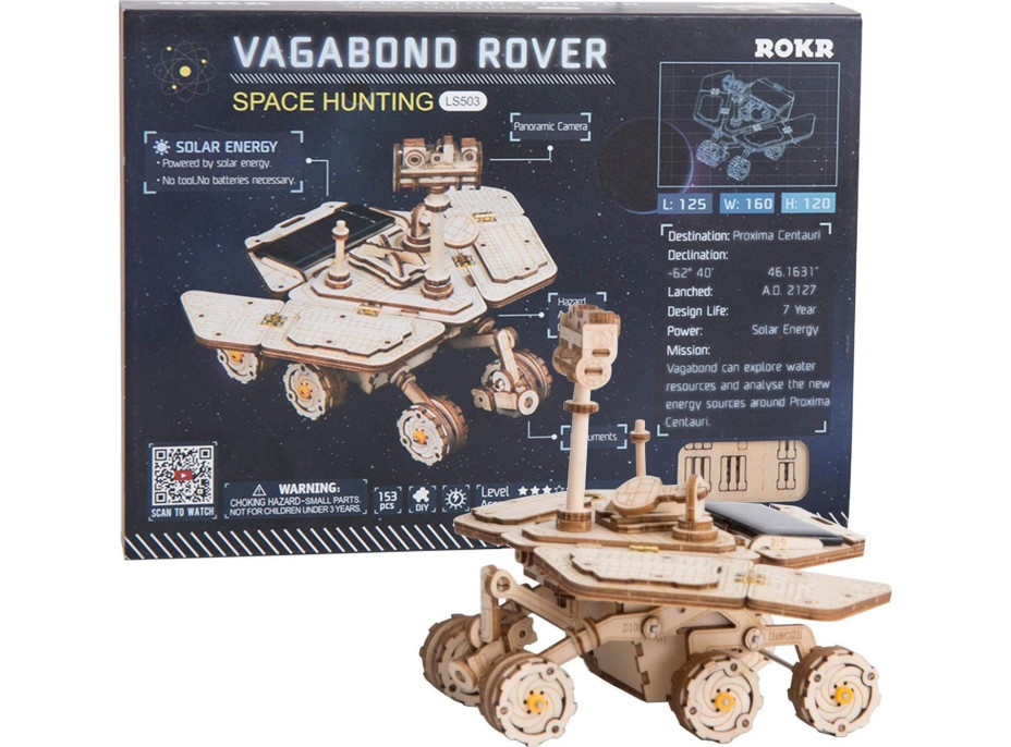 ROBOTIME Roker 3D drevené puzzle Planetárne vozítko Vagabond Rover na solárny pohon 153 dielikov