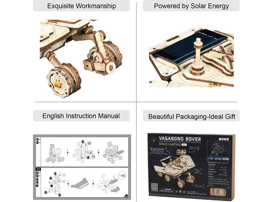 ROBOTIME Roker 3D drevené puzzle Planetárne vozítko Vagabond Rover na solárny pohon 153 dielikov