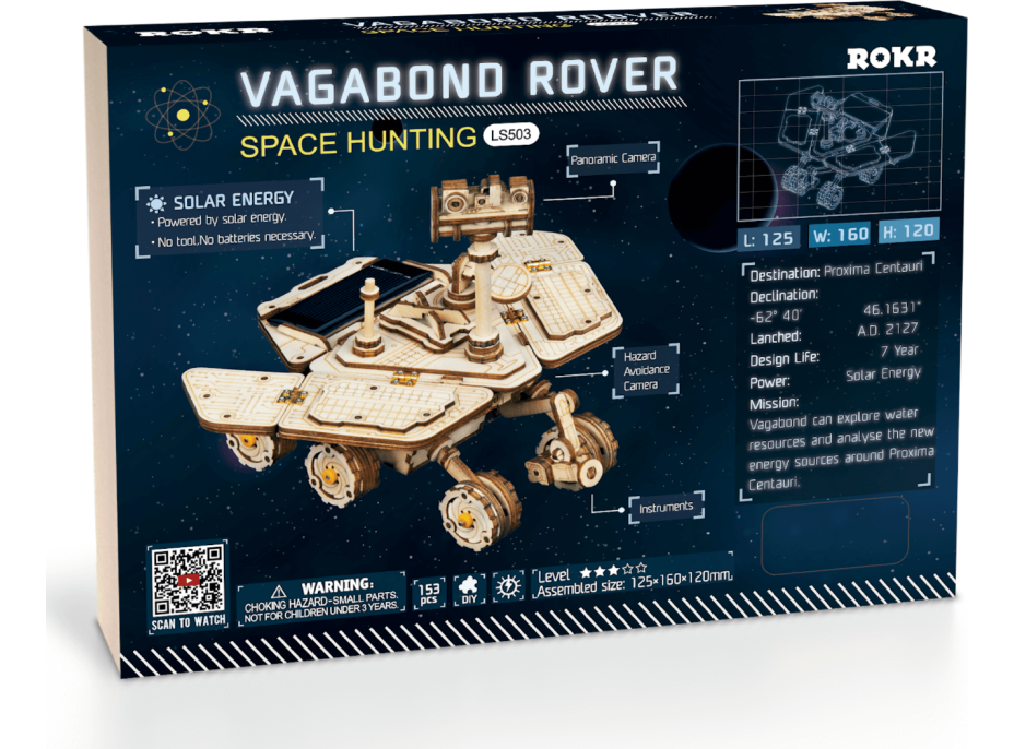 ROBOTIME Roker 3D drevené puzzle Planetárne vozítko Vagabond Rover na solárny pohon 153 dielikov